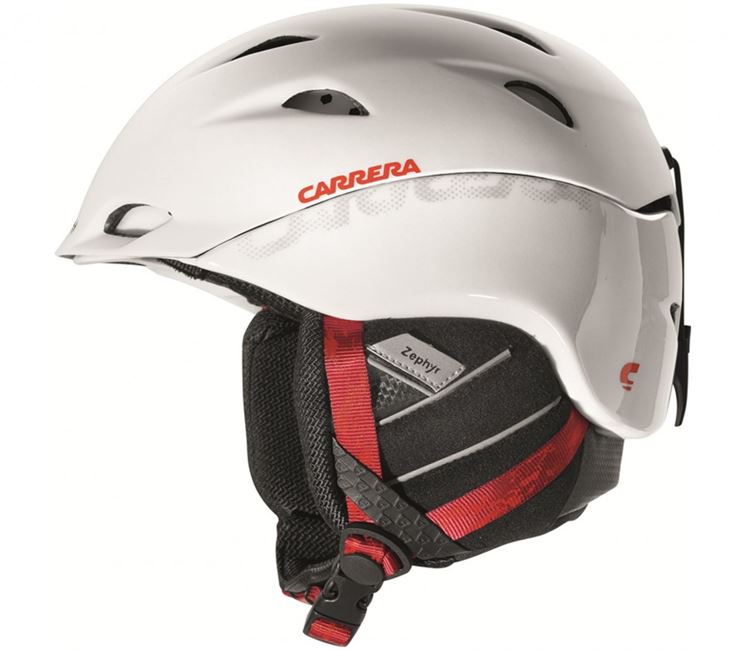 Un casco Carrera completamente bianco con dettaglio rosso