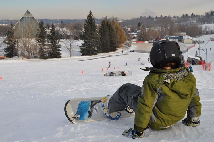 Bambino che indossa il casco seduto sulla neve