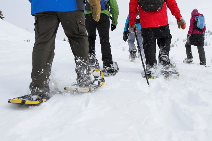 escursione di gruppo in montagna con la racchette da neve